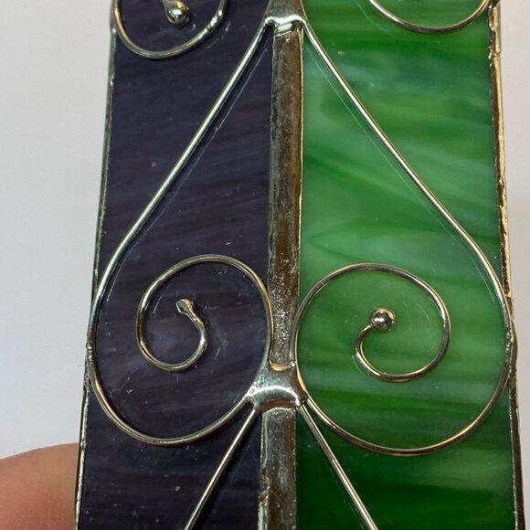 Slag Stained Glass Kaleidoscope Purple Green Art Glass Silver Swirl Accents - Picture 7 of 10